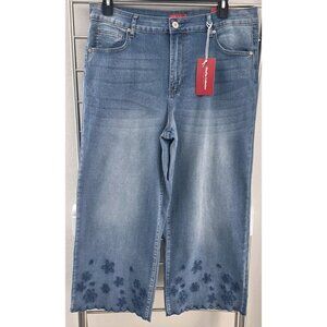 BlueFox Collective Womens 18 Wide‎ Leg Cropped Jeans High Rise Floral Hem